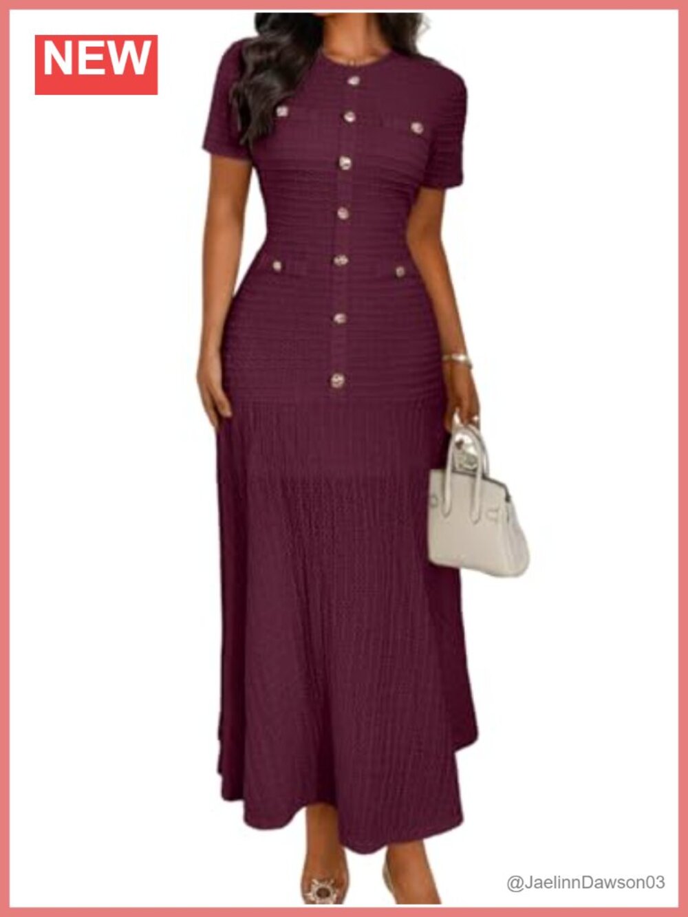 Waffle Knit Midi Dress Short Sleeve Crew Neck Office Church